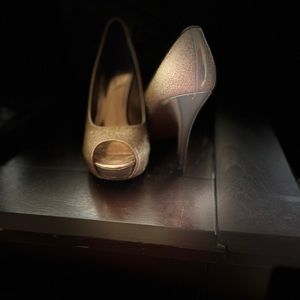 Gold sparkling open toe high heels